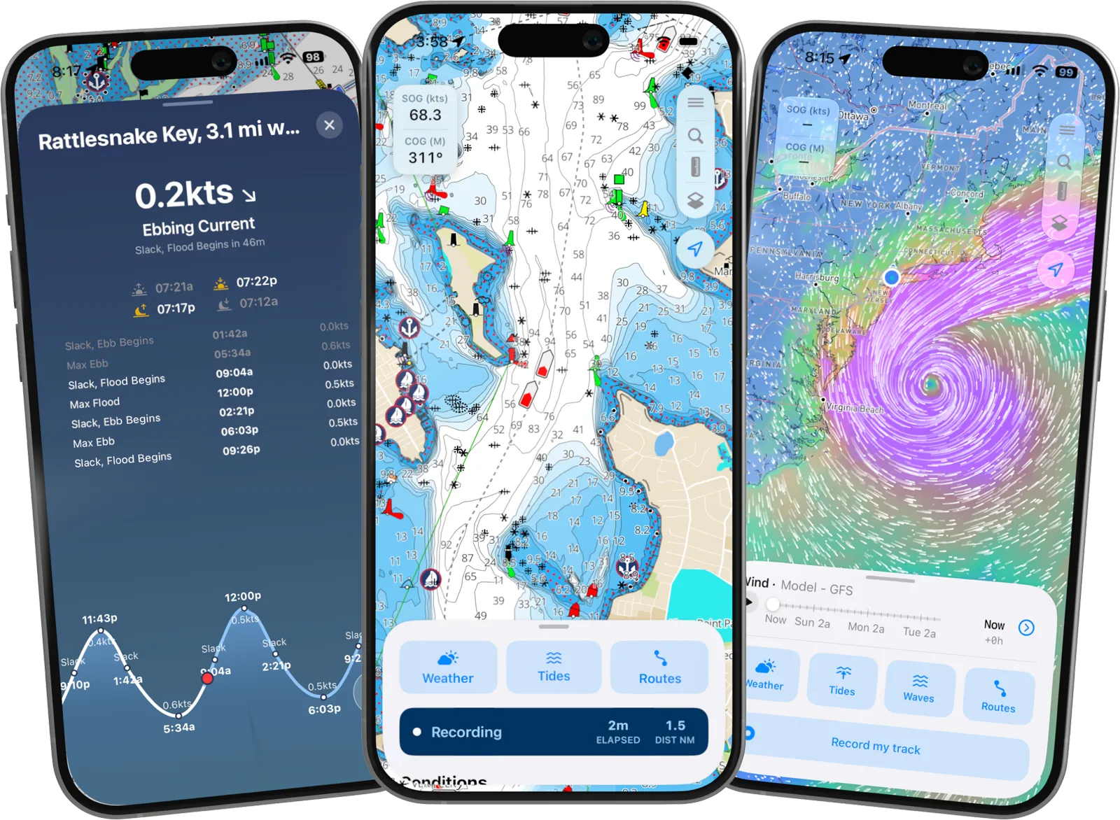 Three iPhones running OceanPulse: current predictions for Rattlesnake Key, a detailed harbor chart recording a track at 68.3 knots, and a hurricane's wind field spinning off the mid-Atlantic coast
